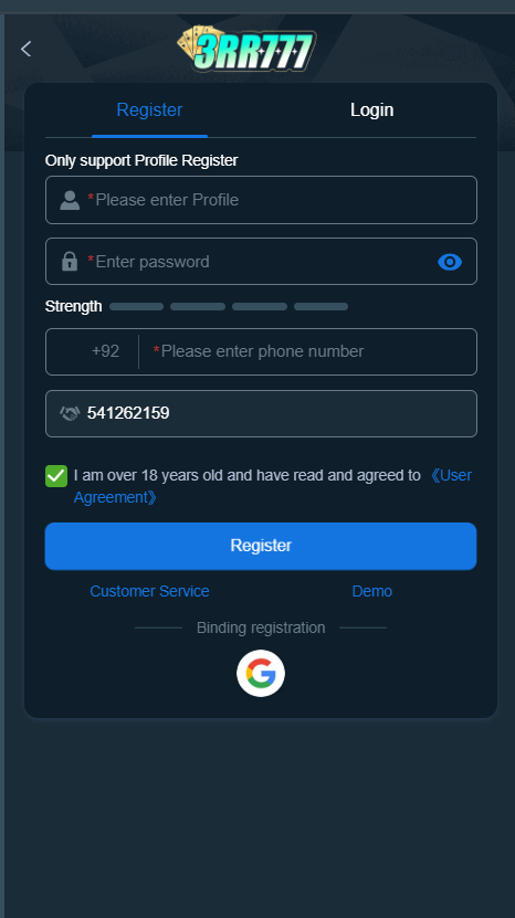 3RR777 Game create account screenshot