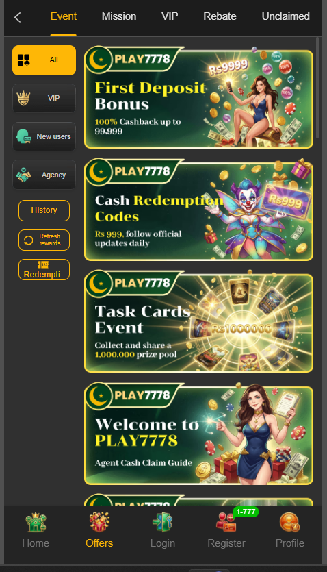 Play7778 Game earning options screenshot