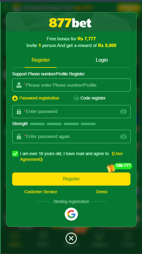 877Bet game account setup screenshot