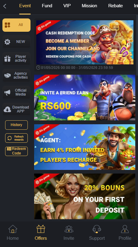 Six Game bonus and rewards screenshot