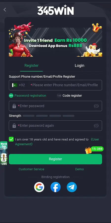 345win game account registration screenshot