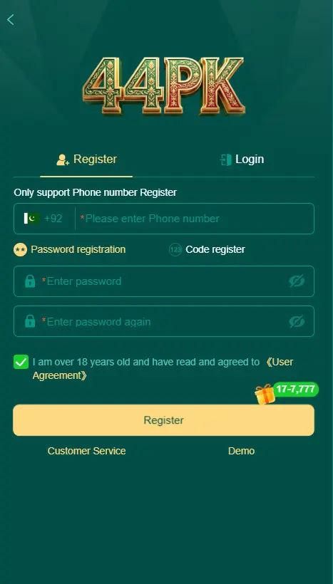 44PK account registration screenshot