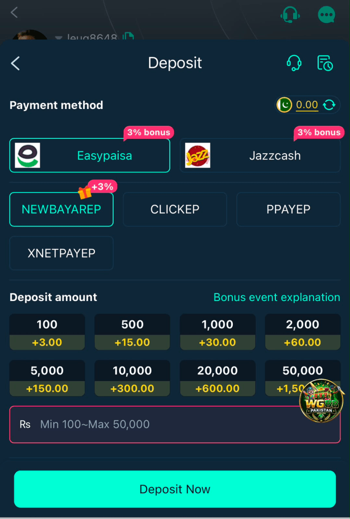 WG88 game deposit and withdraw screenshot