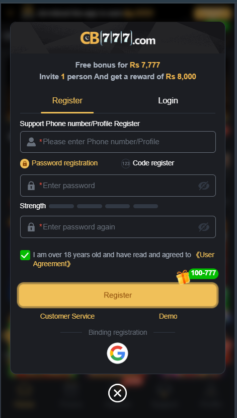cb777 game register screenshot